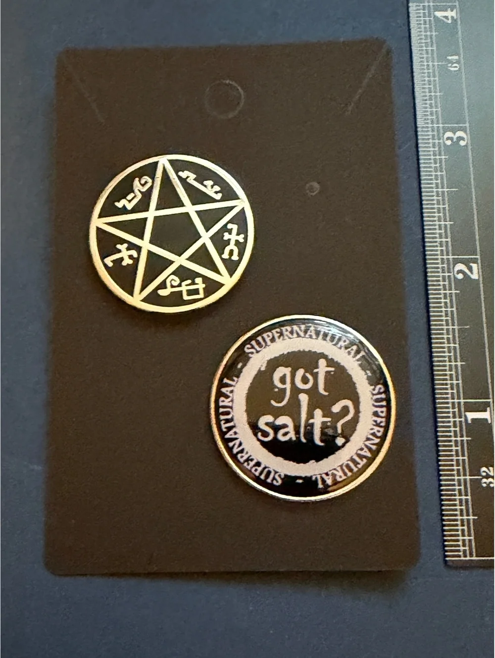 Pin set of 2. Supernatural Got Salt? & pentagram with symbols.